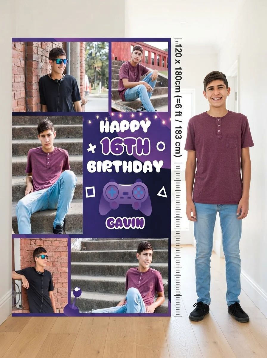 Person standing beside the Gamer Theme Birthday Party Mega Card for scale in a size guide