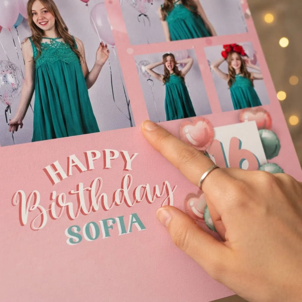 Close-up of the personalised name and photo printed on the Pink and Mint Theme Birthday Party Mega Card