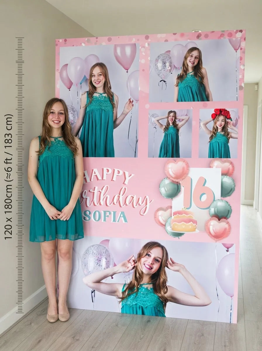 Person standing beside the Pink and Mint Theme Birthday Party Mega Card for scale in a size guide