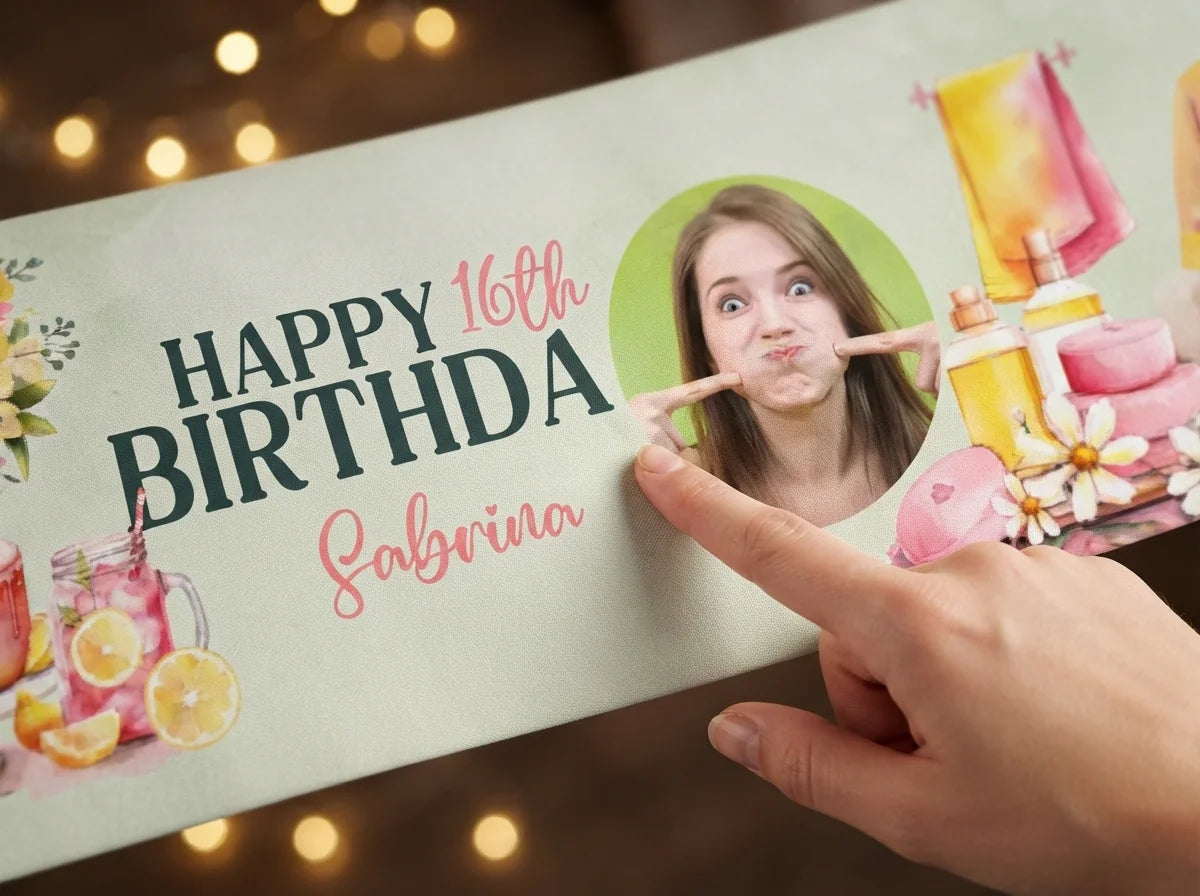 Close-up of the personalised name and photo printed on the Pink Lemonade Spa Theme Birthday Party Banner