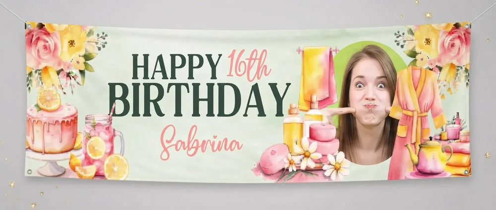 Personalised Pink Lemonade Spa Theme Birthday Party Banner displayed against a plain studio background