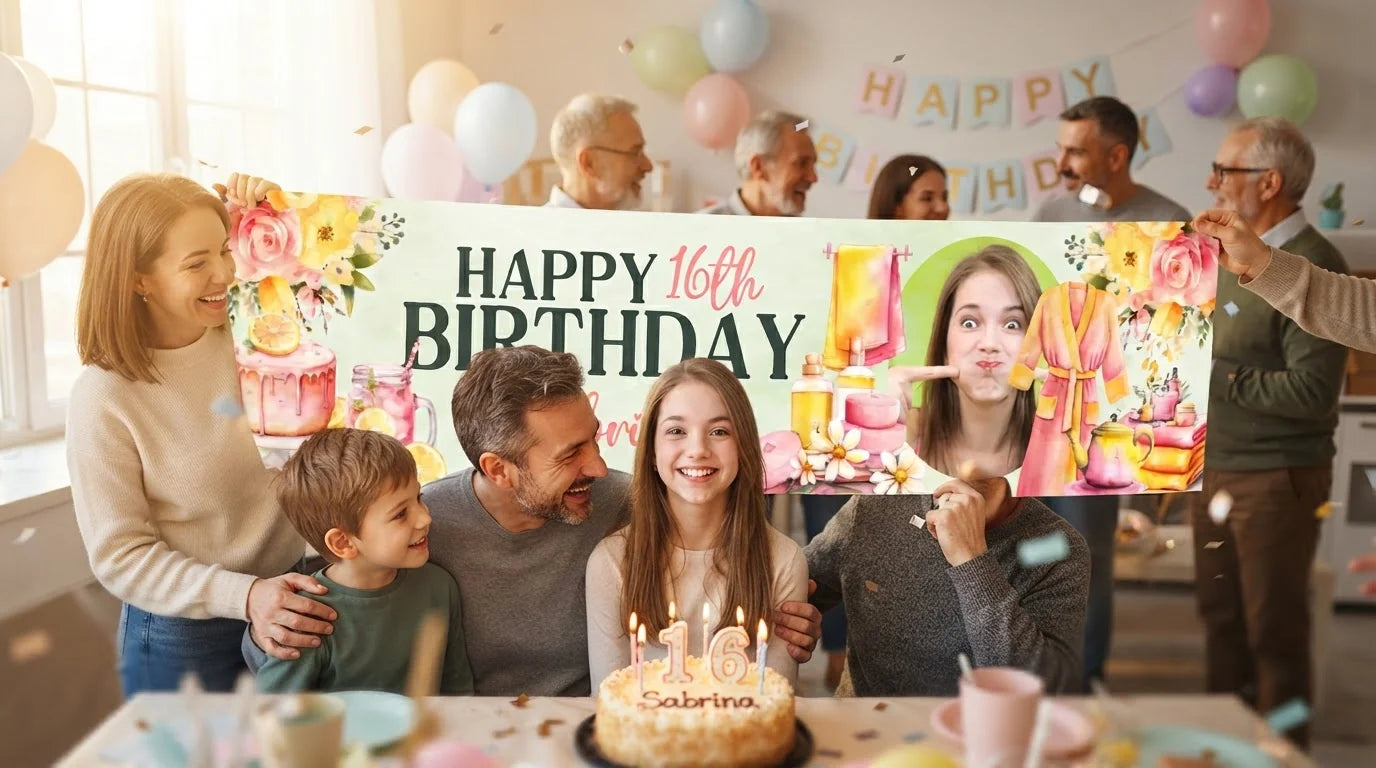 Friends and family celebrating with the personalised Pink Lemonade Spa Theme Birthday Party Banner