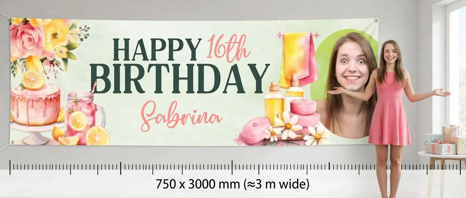 Person standing beside the Pink Lemonade Spa Theme Birthday Party Banner for scale, with size guide showing 750 x 3000 mm