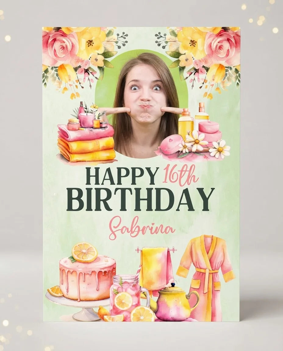Personalised Pink Lemonade Spa Theme Birthday Party Mega Card displayed against a plain studio background