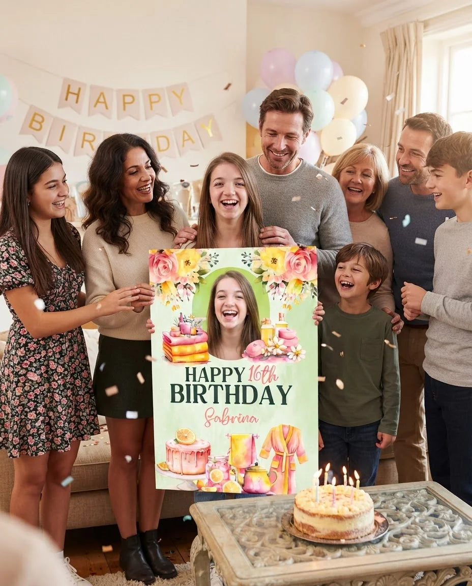 Friends and family celebrating with the personalised Pink Lemonade Spa Theme Birthday Party Mega Card
