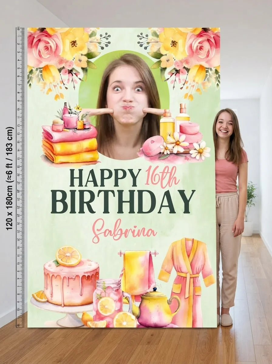 Person standing beside the Pink Lemonade Spa Theme Birthday Party Mega Card for scale in a size guide