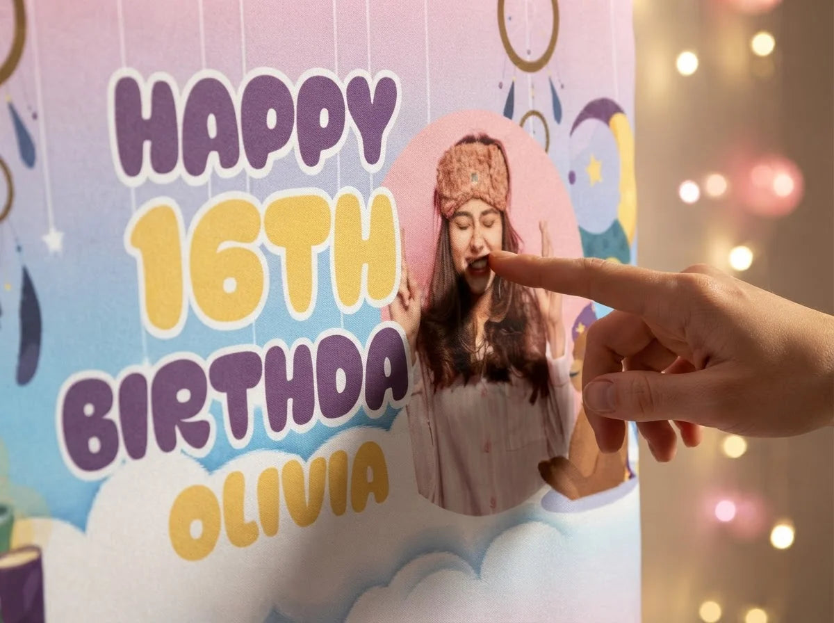 Close-up of the personalised name and photo printed on the Slumber Theme Birthday Party Banner