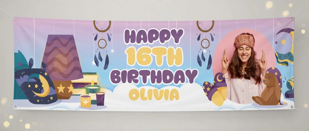 Personalised Slumber Theme Birthday Party Banner displayed against a plain studio background