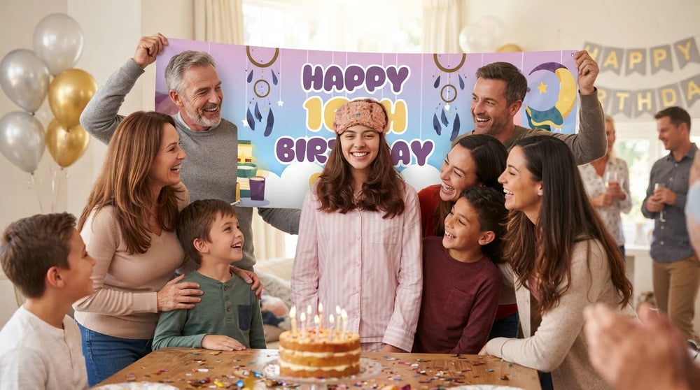 Friends and family celebrating with the personalised Slumber Theme Birthday Party Banner