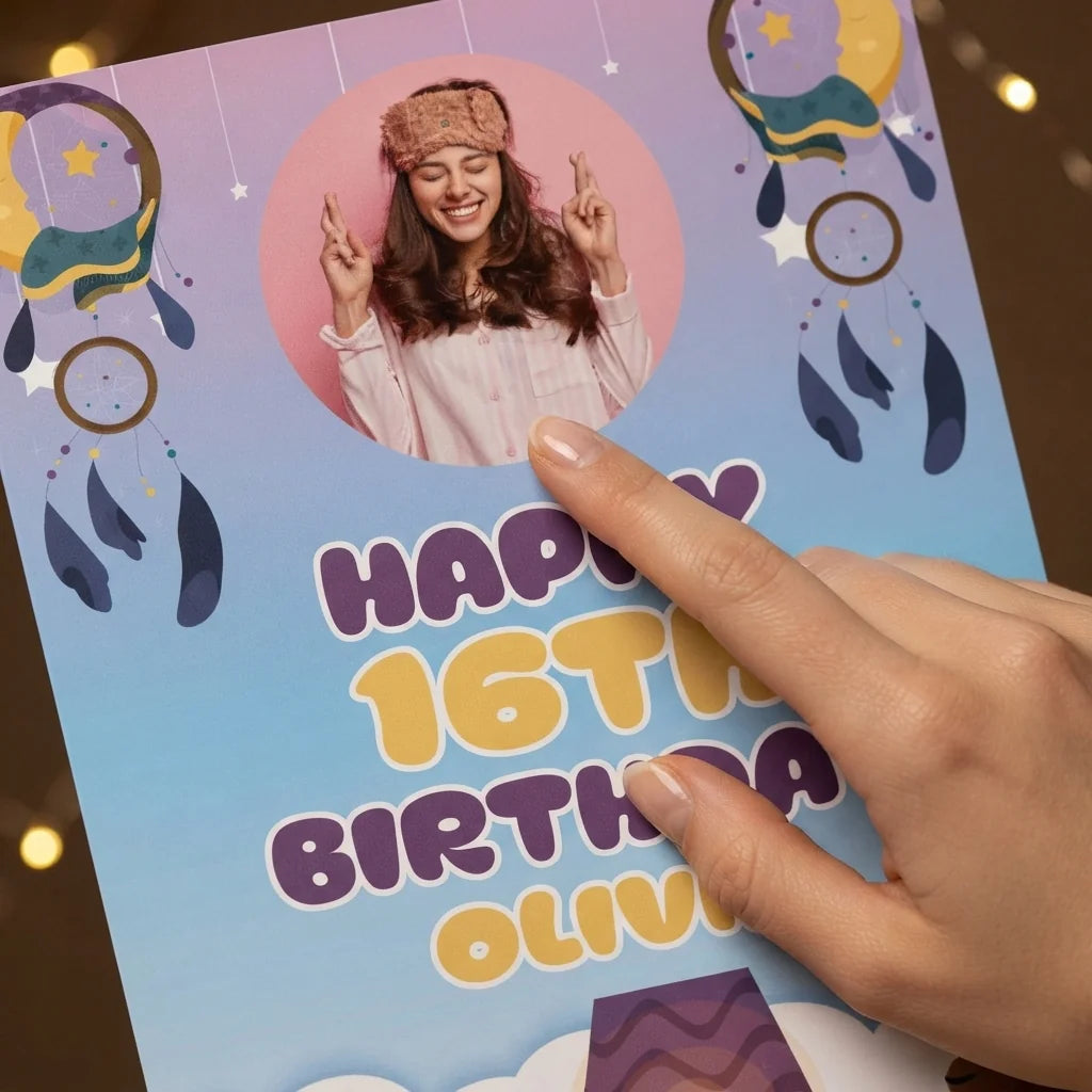 Close-up of the personalised name and photo printed on the Slumber Theme Birthday Party Mega Card