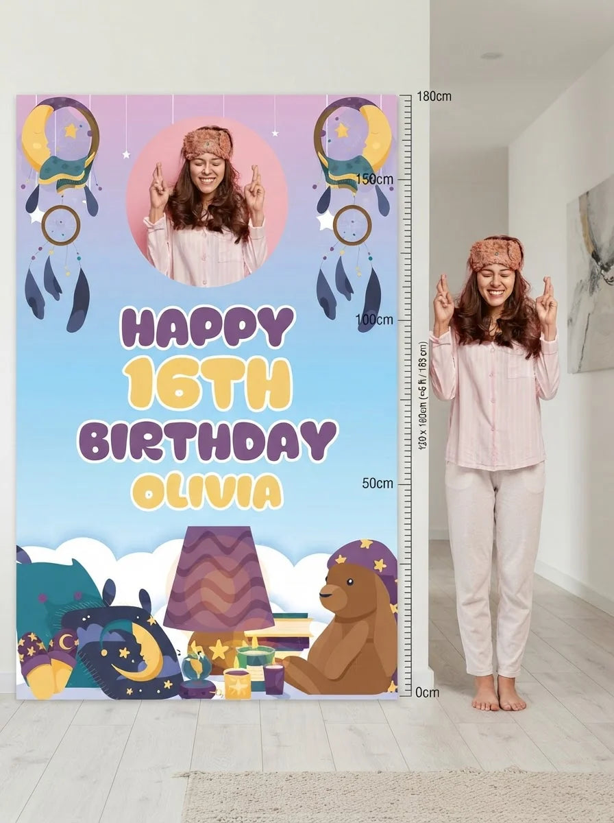 Person standing beside the Slumber Theme Birthday Party Mega Card for scale in a size guide