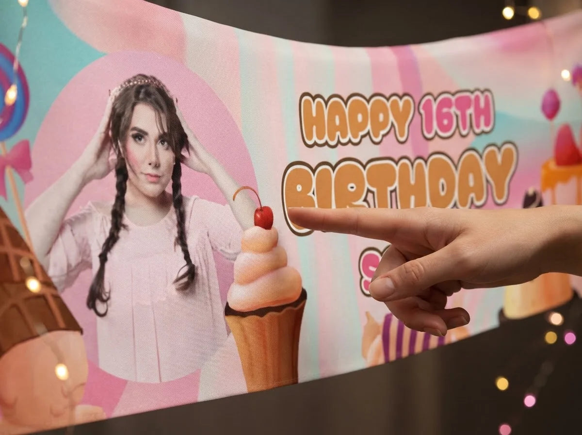 Close-up of the personalised name and photo printed on the Sweet Sixteen Theme Birthday Party Banner