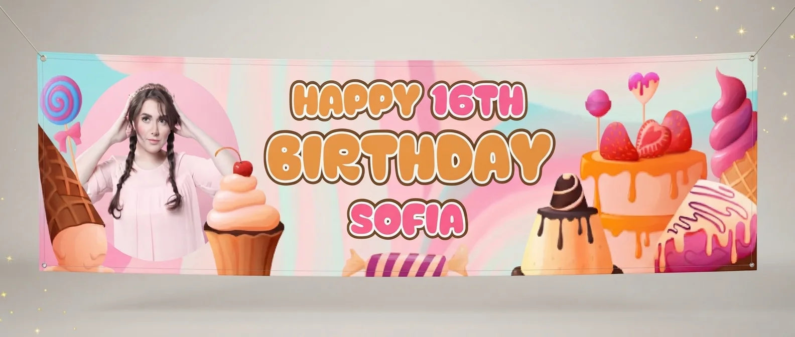 Personalised Sweet Sixteen Theme Birthday Party Banner displayed against a plain studio background