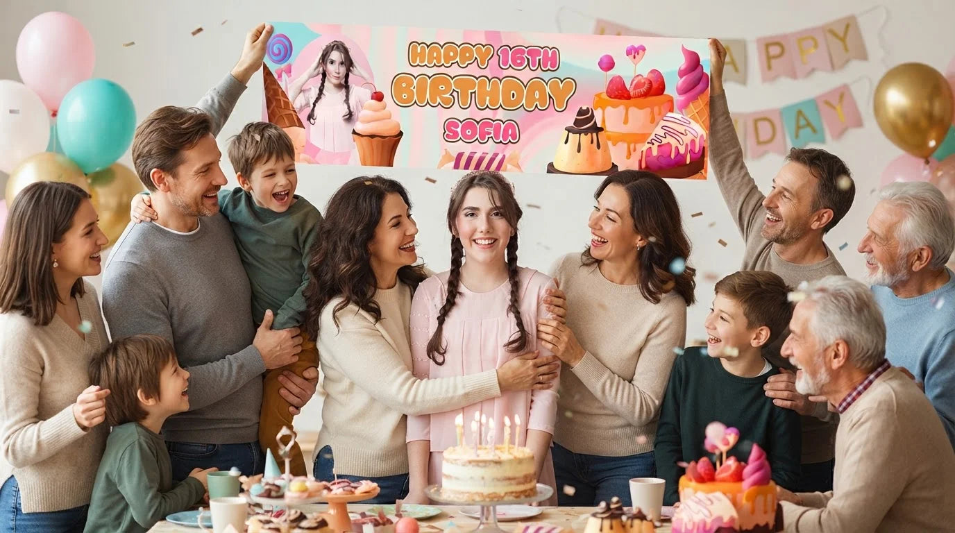 Friends and family celebrating with the personalised Sweet Sixteen Theme Birthday Party Banner