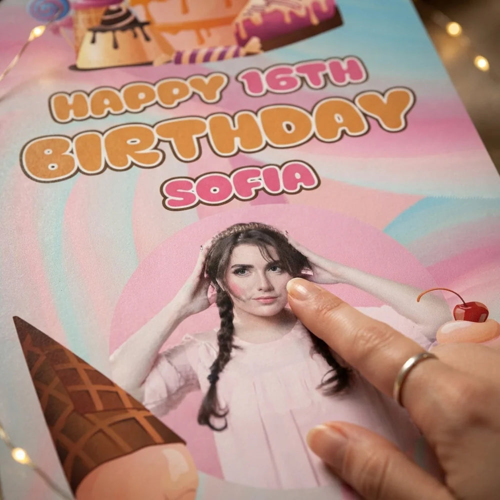Close-up of the personalised name and photo printed on the Sweet Sixteen Theme Birthday Party Mega Card
