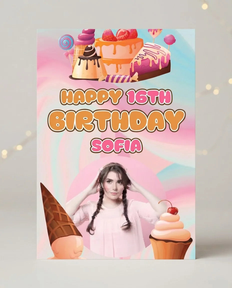 Personalised Sweet Sixteen Theme Birthday Party Mega Card displayed against a plain studio background