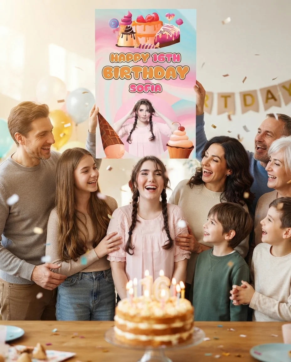 Friends and family celebrating with the personalised Sweet Sixteen Theme Birthday Party Mega Card