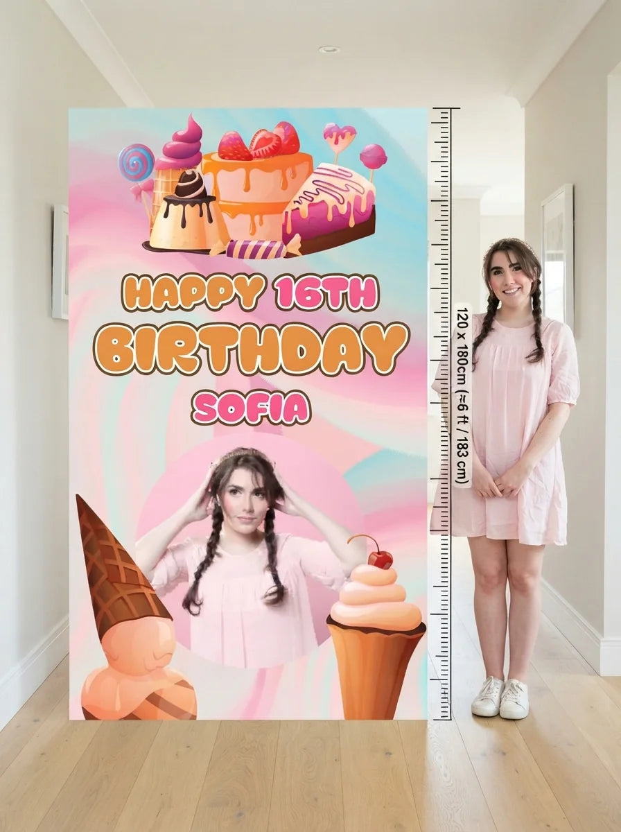 Person standing beside the Sweet Sixteen Theme Birthday Party Mega Card for scale in a size guide