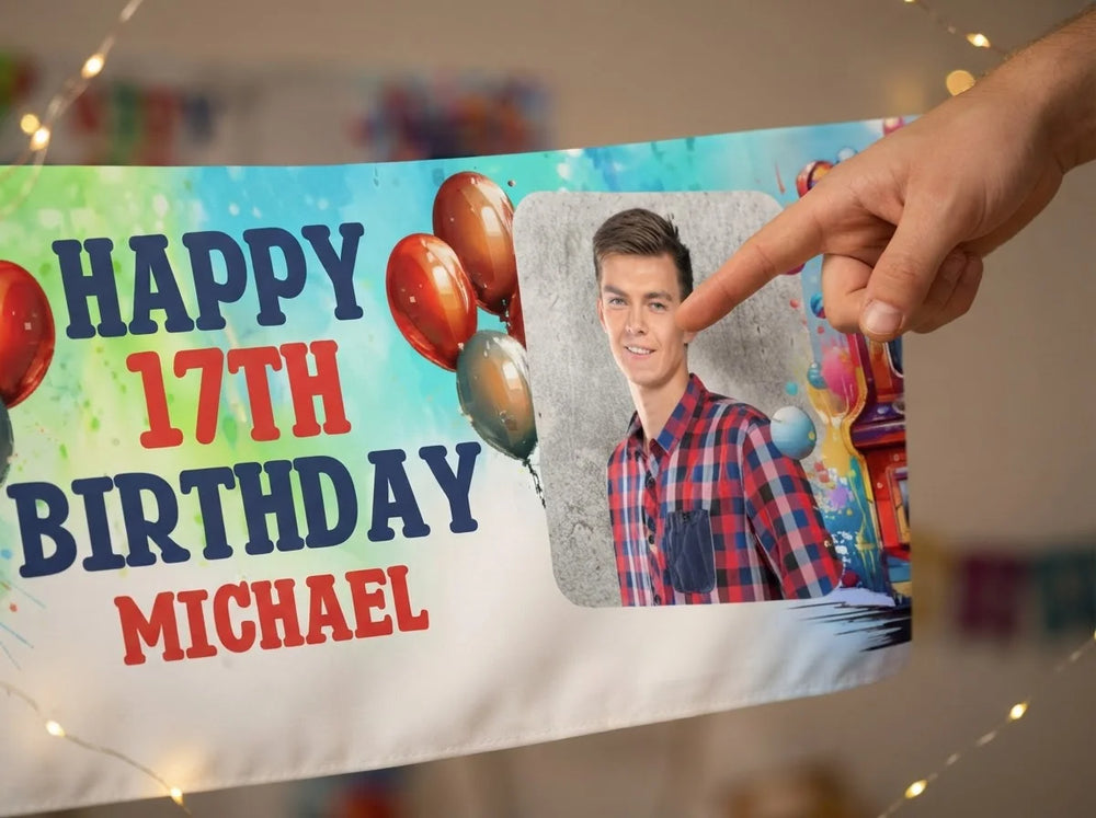 Close-up of the personalised name and photo printed on the Arcade Gamer Theme Birthday Party Banner