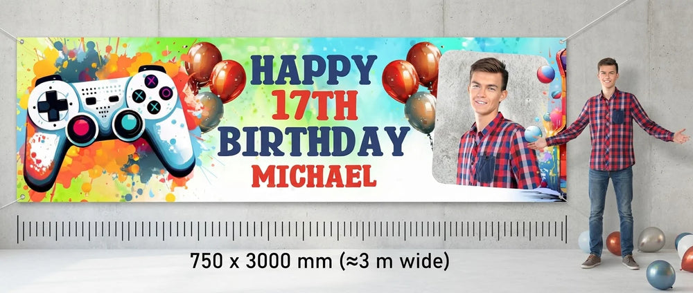 Person standing beside the Arcade Gamer Theme Birthday Party Banner for scale, with size guide showing 750 x 3000 mm