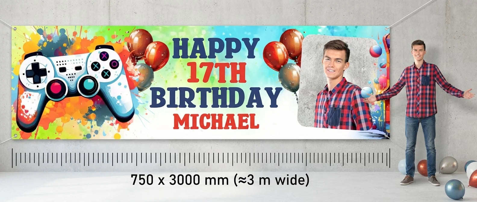 Person standing beside the Arcade Gamer Theme Birthday Party Banner for scale, with size guide showing 750 x 3000 mm