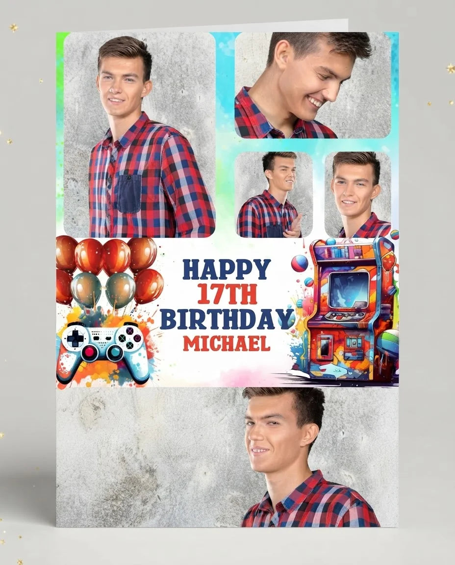 Personalised Arcade Gamer Theme Birthday Party Mega Card displayed against a plain studio background