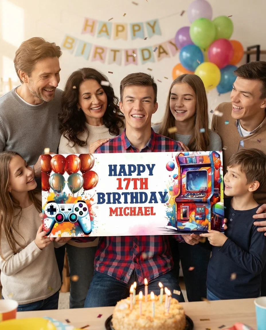 Friends and family celebrating with the personalised Arcade Gamer Theme Birthday Party Mega Card