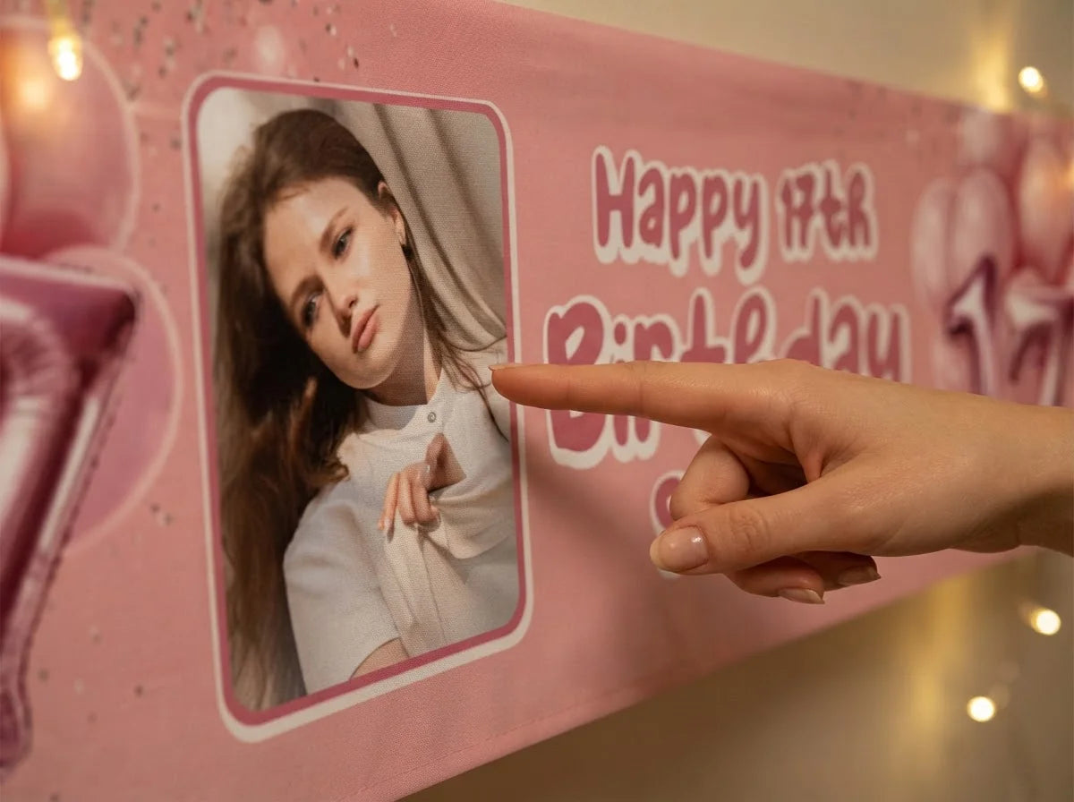 Close-up of the personalised name and photo printed on the Pink 3D Balloon Birthday Party Banner