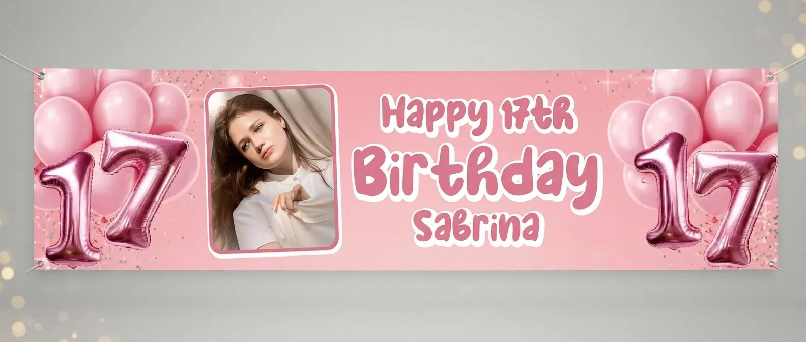 Personalised Pink 3D Balloon Birthday Party Banner displayed against a plain studio background