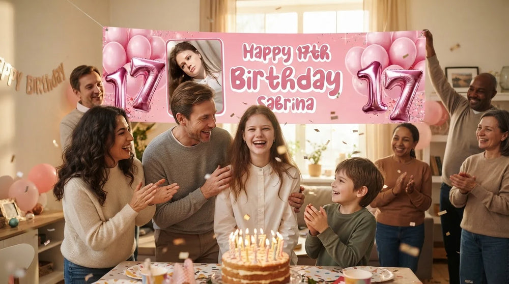 Friends and family celebrating with the personalised Pink 3D Balloon Birthday Party Banner