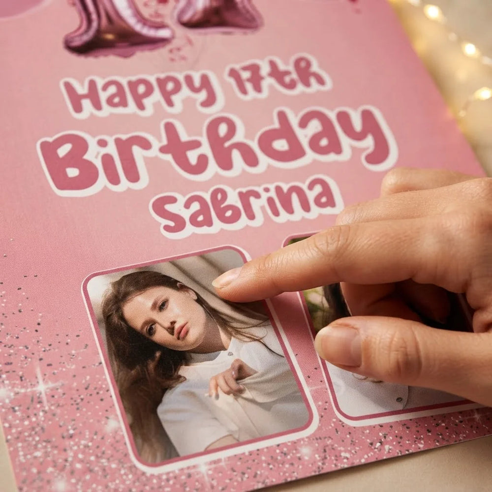 Close-up of the personalised name and photo printed on the Pink 3D Balloon Birthday Party Mega Card
