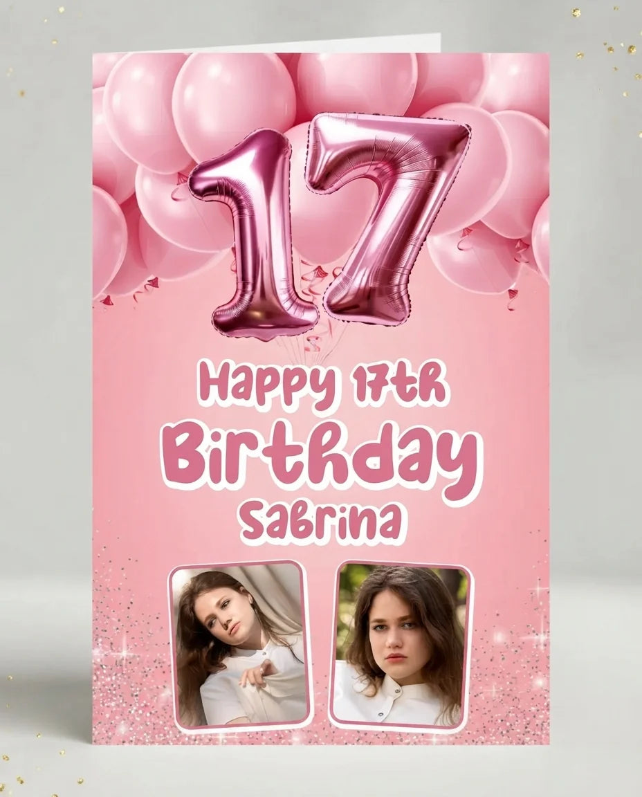 Personalised Pink 3D Balloon Birthday Party Mega Card displayed against a plain studio background