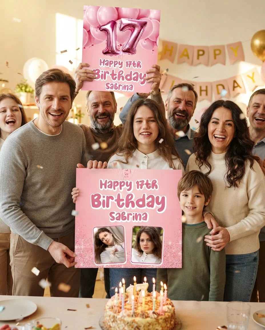 Friends and family celebrating with the personalised Pink 3D Balloon Birthday Party Mega Card