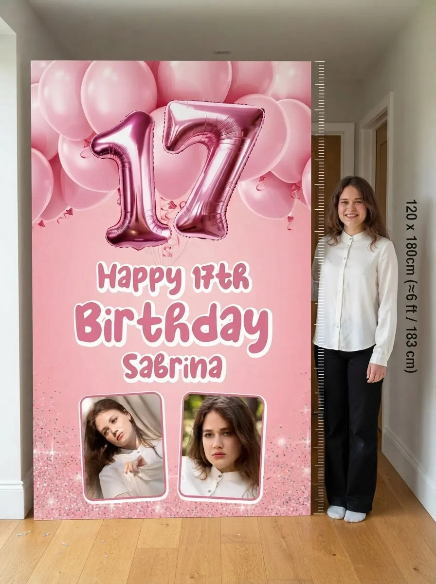 Person standing beside the Pink 3D Balloon Birthday Party Mega Card for scale in a size guide