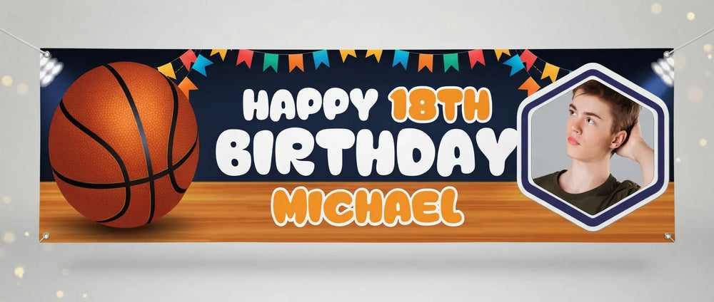 Personalised Basketball Theme Birthday Party Banner displayed against a plain studio background