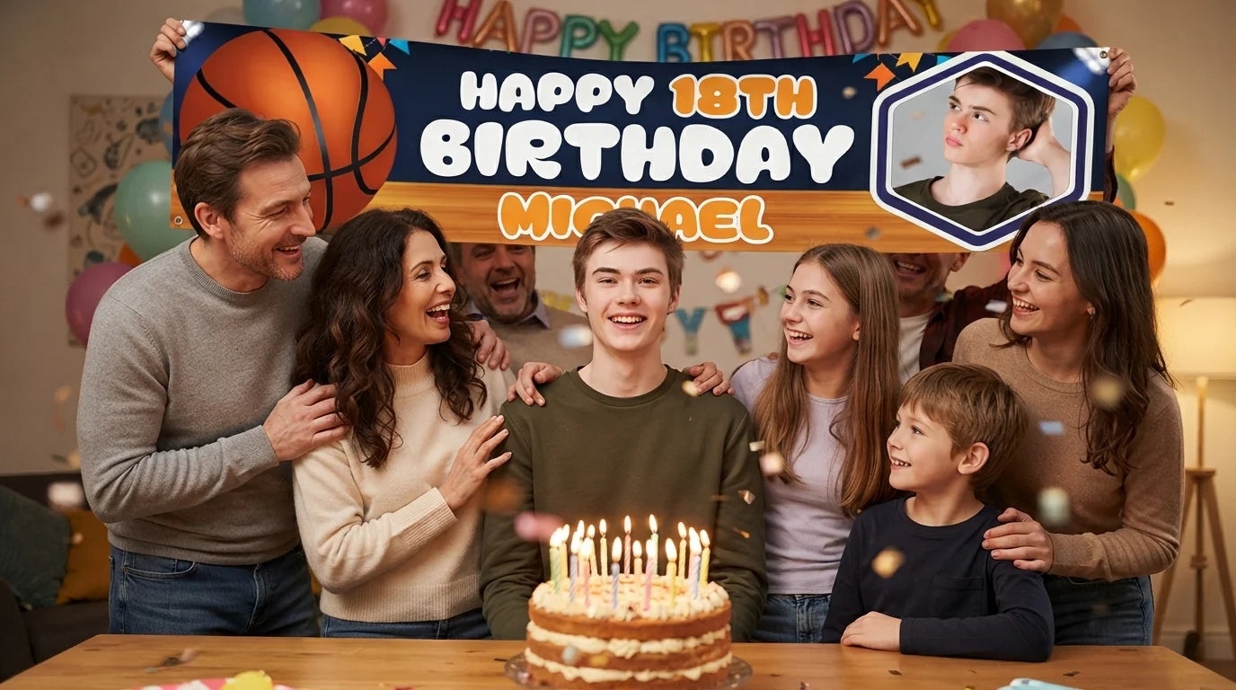 Friends and family celebrating with the personalised Basketball Theme Birthday Party Banner