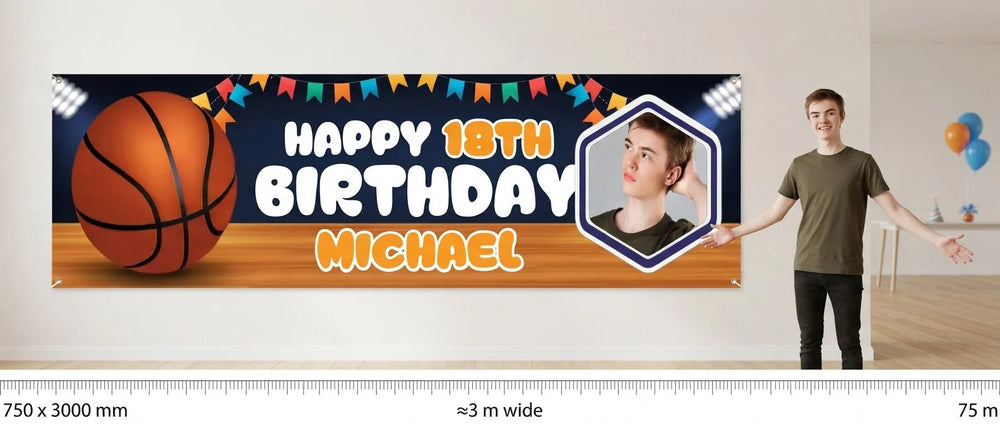 Person standing beside the Basketball Theme Birthday Party Banner for scale, with size guide showing 750 x 3000 mm