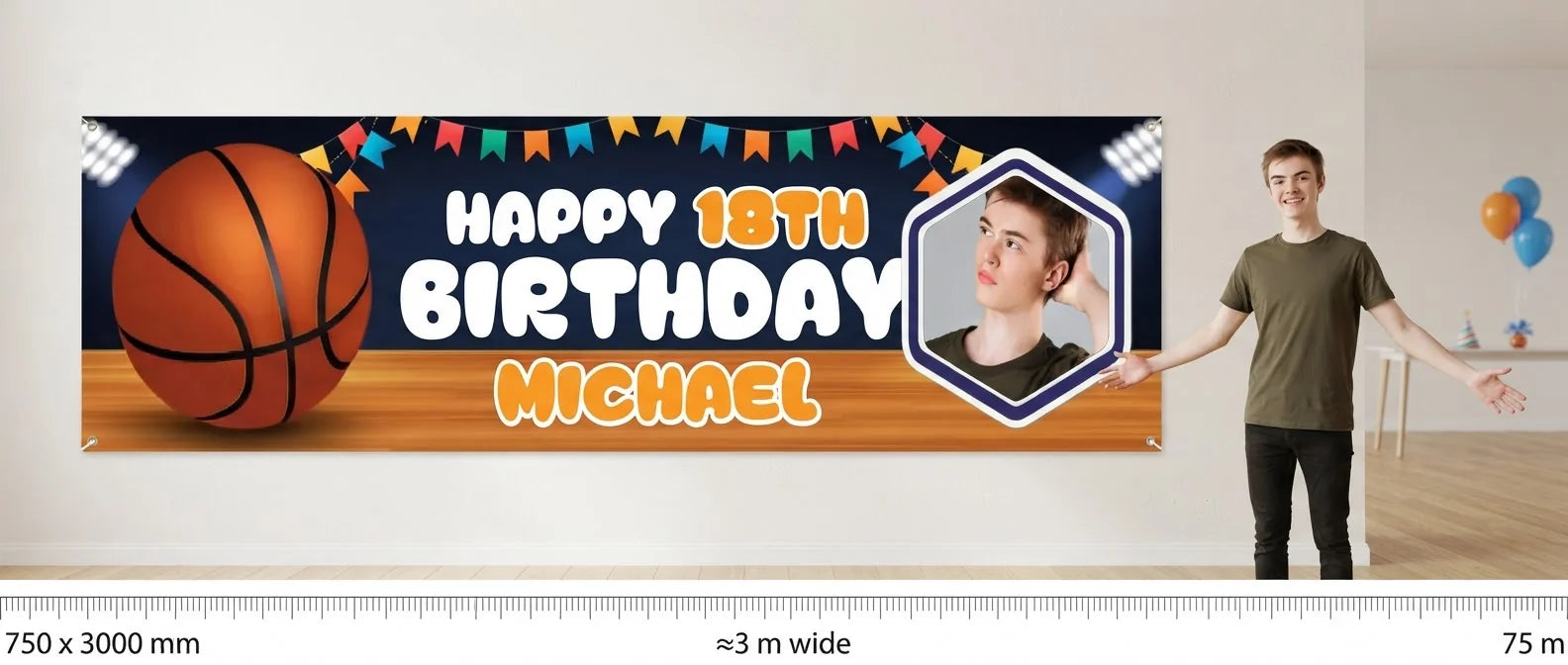 Person standing beside the Basketball Theme Birthday Party Banner for scale, with size guide showing 750 x 3000 mm