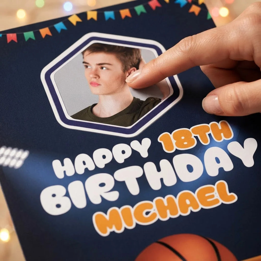 Close-up of the personalised name and photo printed on the Basketball Theme Birthday Party Mega Card
