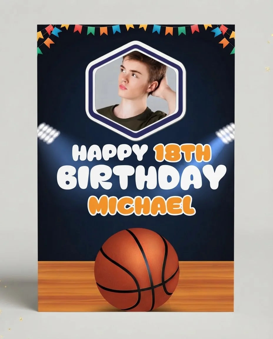 Personalised Basketball Theme Birthday Party Mega Card displayed against a plain studio background