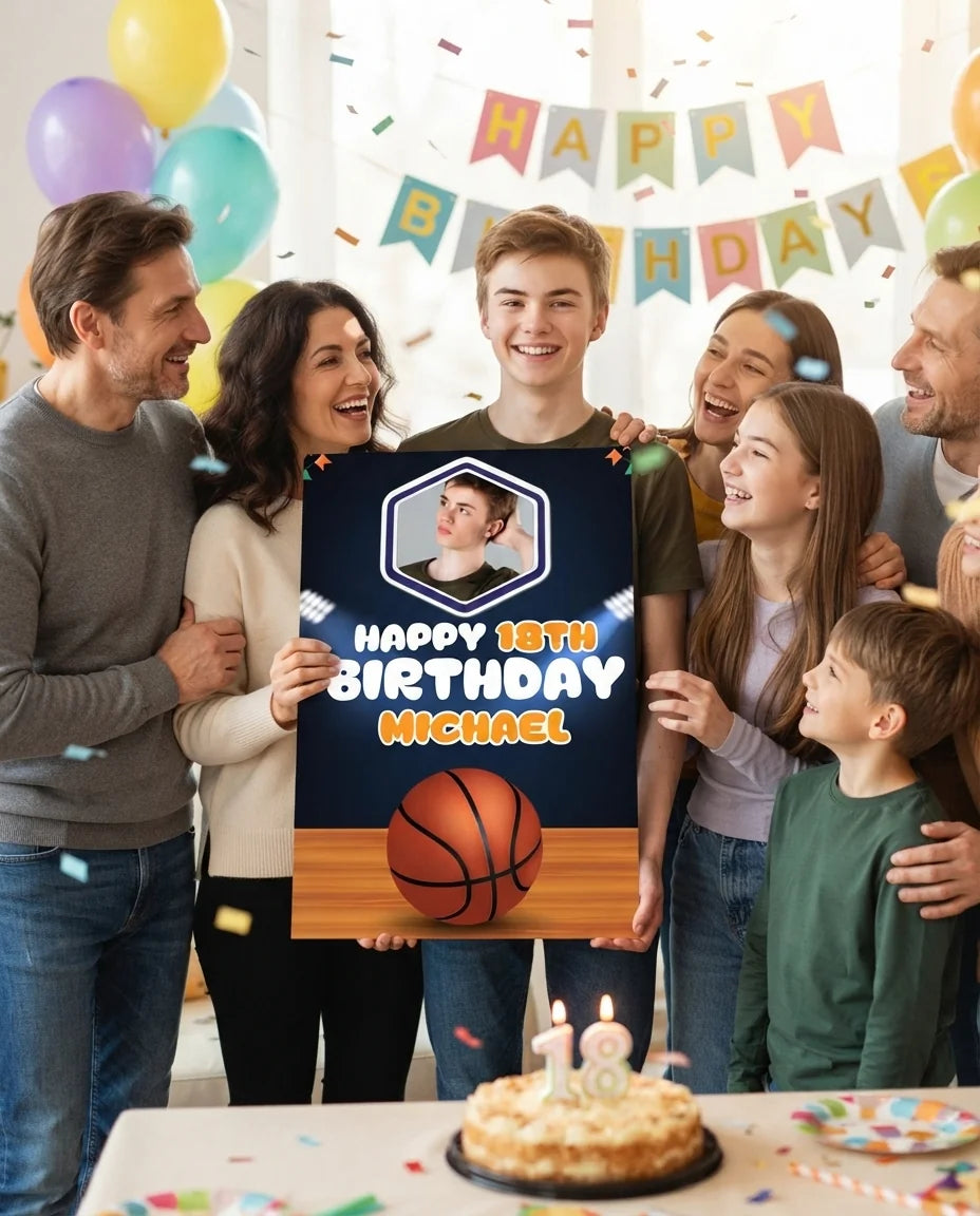 Friends and family celebrating with the personalised Basketball Theme Birthday Party Mega Card