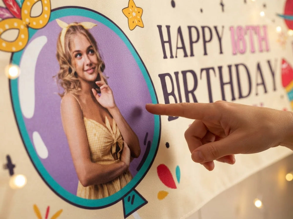 Close-up of the personalised name and photo printed on the Carnival Theme Birthday Party Banner