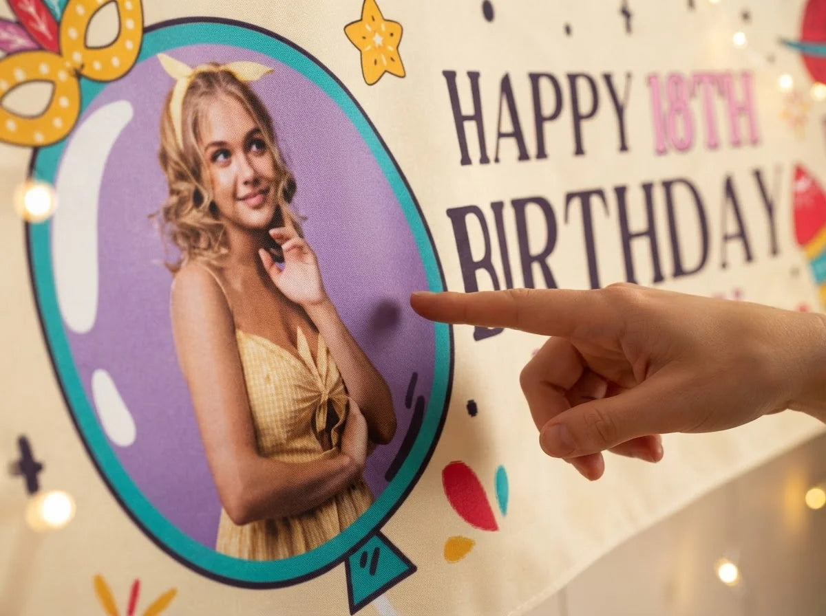 Close-up of the personalised name and photo printed on the Carnival Theme Birthday Party Banner