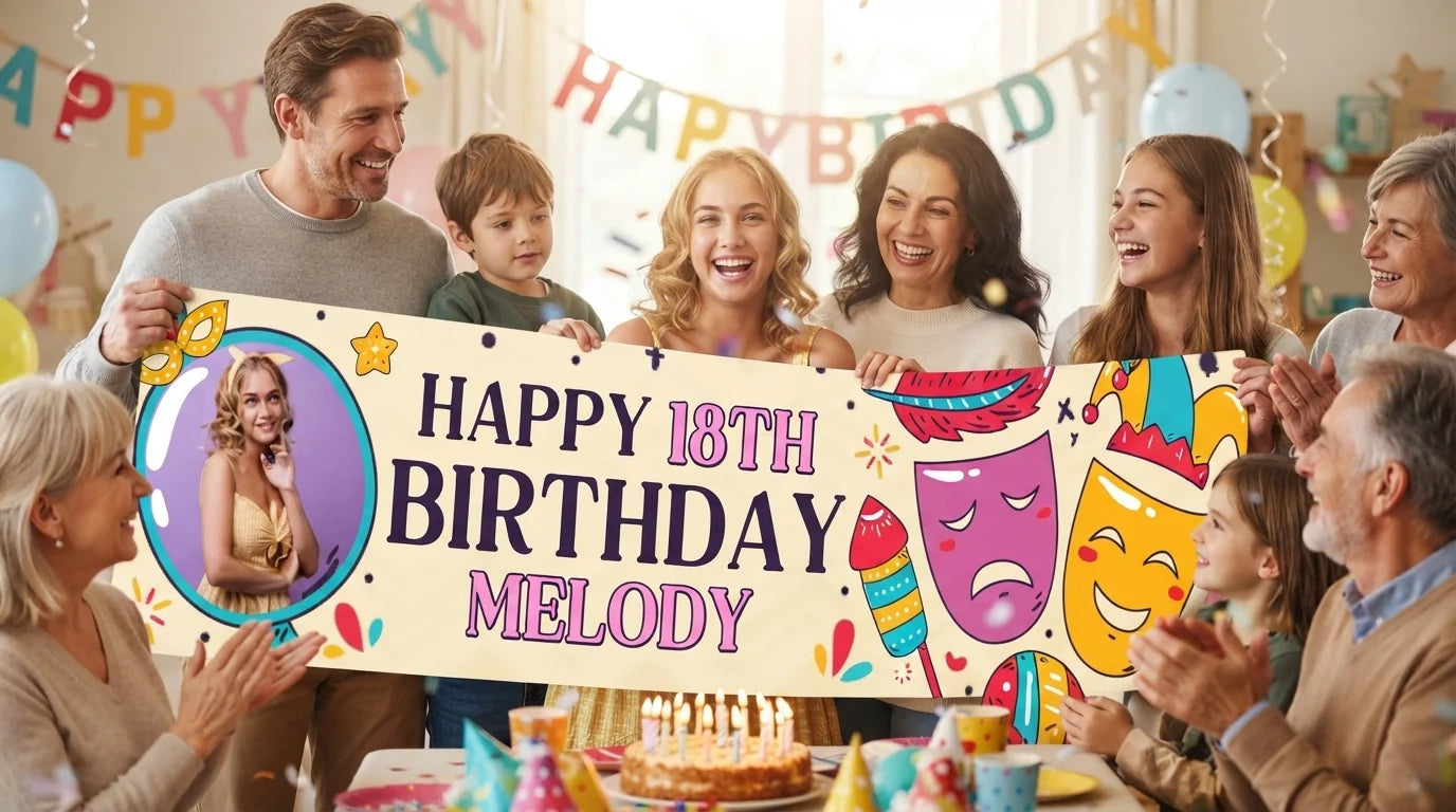 Friends and family celebrating with the personalised Carnival Theme Birthday Party Banner