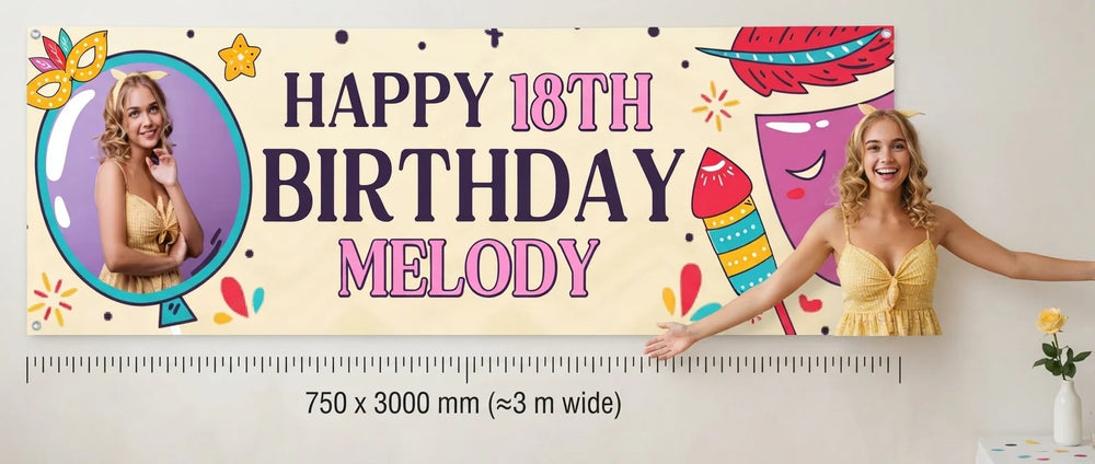 Person standing beside the Carnival Theme Birthday Party Banner for scale, with size guide showing 750 x 3000 mm