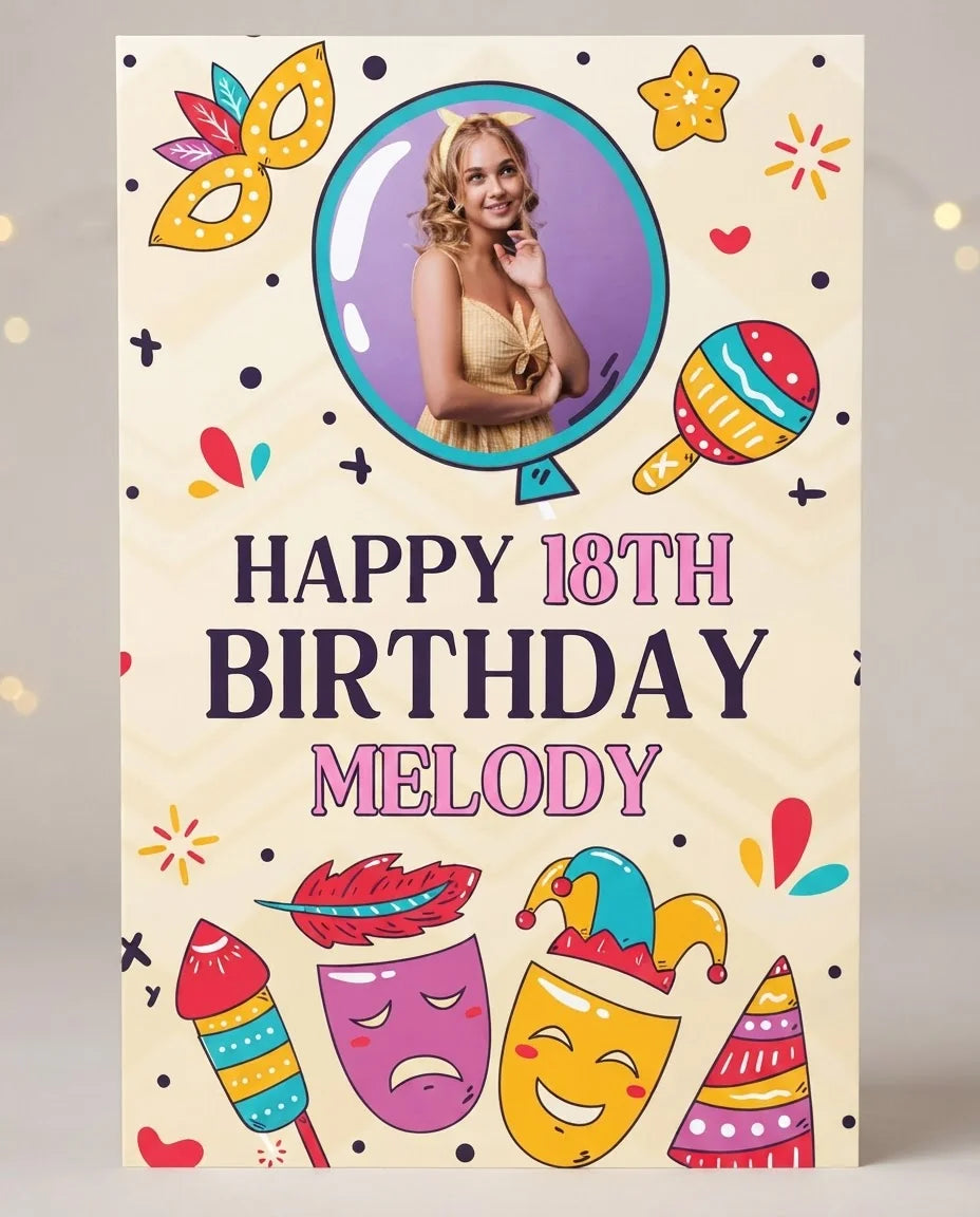 Personalised Carnival Theme Birthday Party Mega Card displayed against a plain studio background