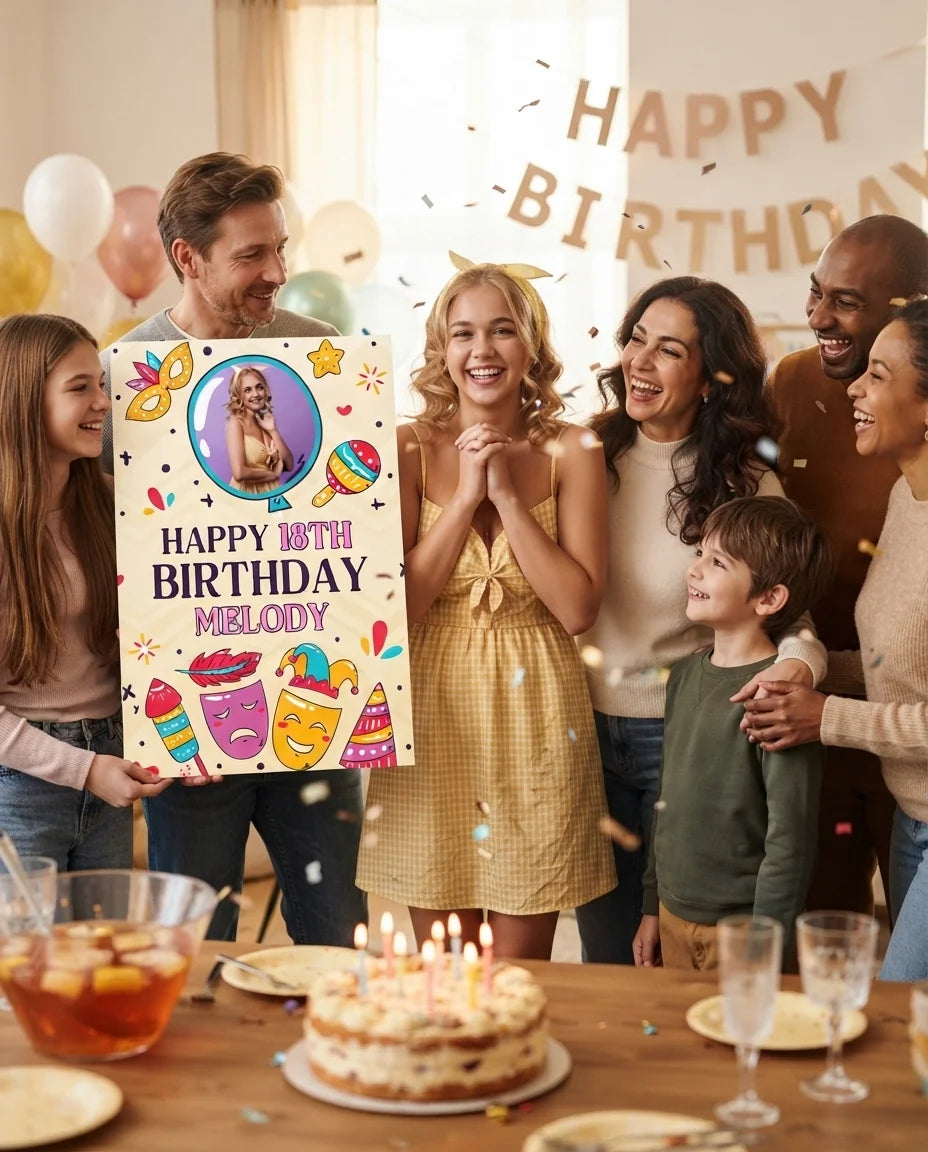 Friends and family celebrating with the personalised Carnival Theme Birthday Party Mega Card