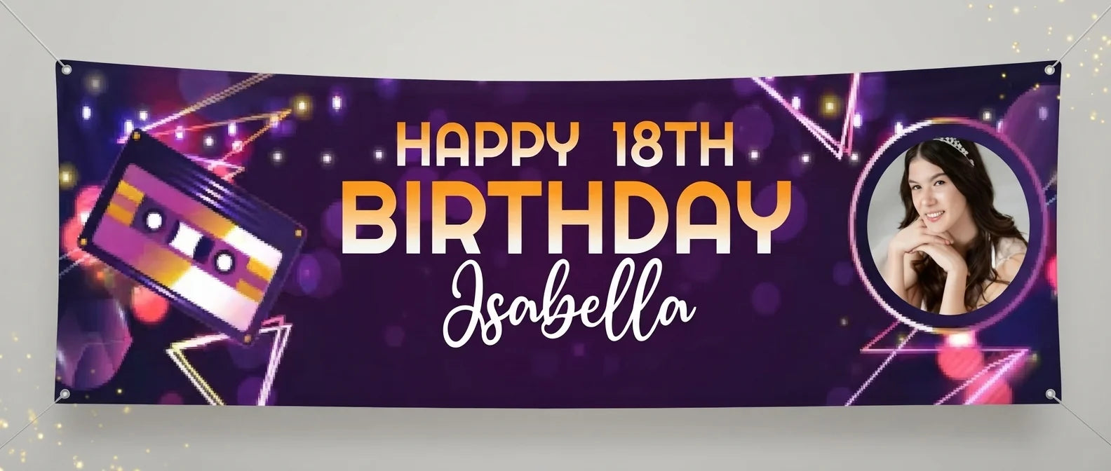 Personalised Music Glow Theme Birthday Party Banner displayed against a plain studio background