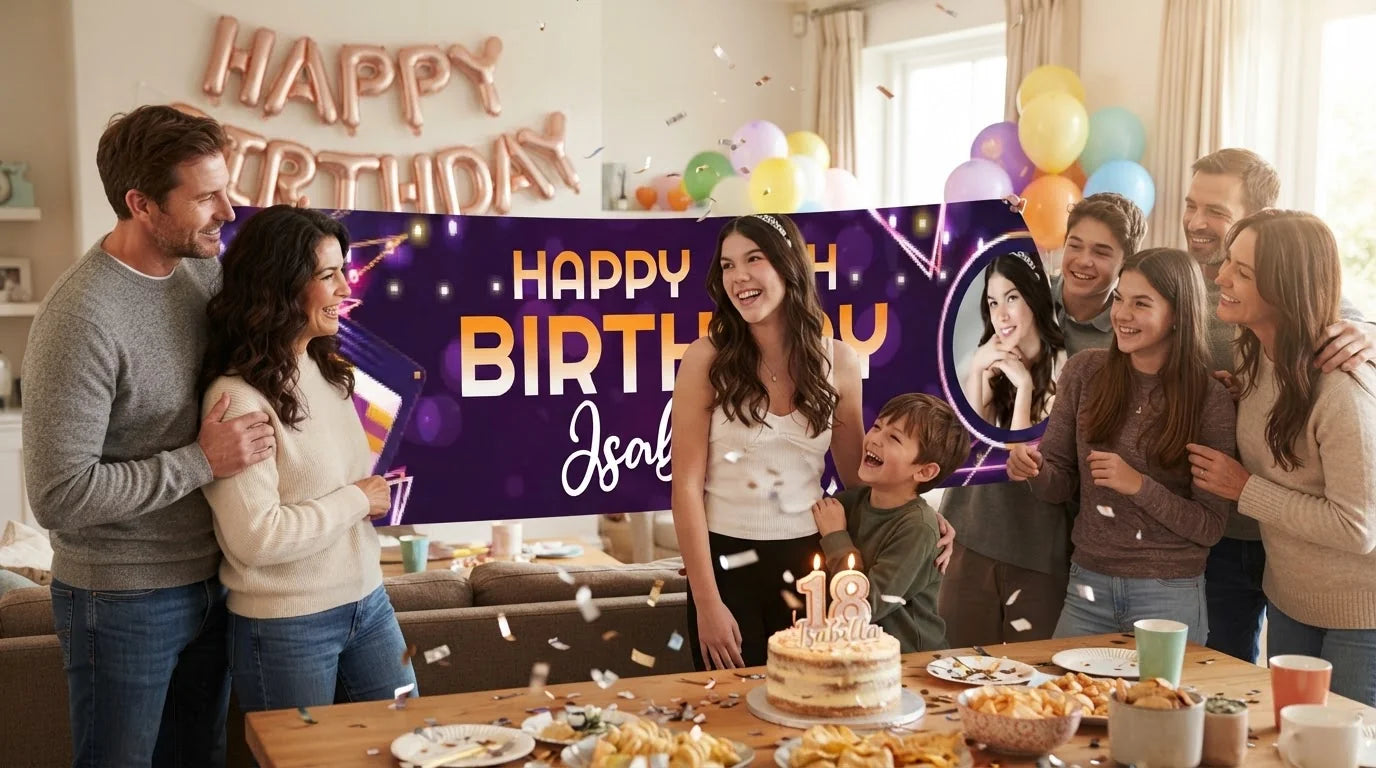 Friends and family celebrating with the personalised Music Glow Theme Birthday Party Banner