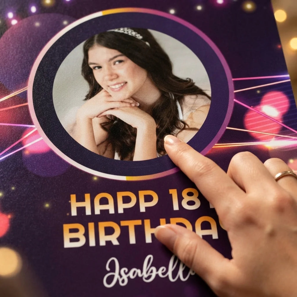 Close-up of the personalised name and photo printed on the Music Glow Theme Birthday Party Mega Card